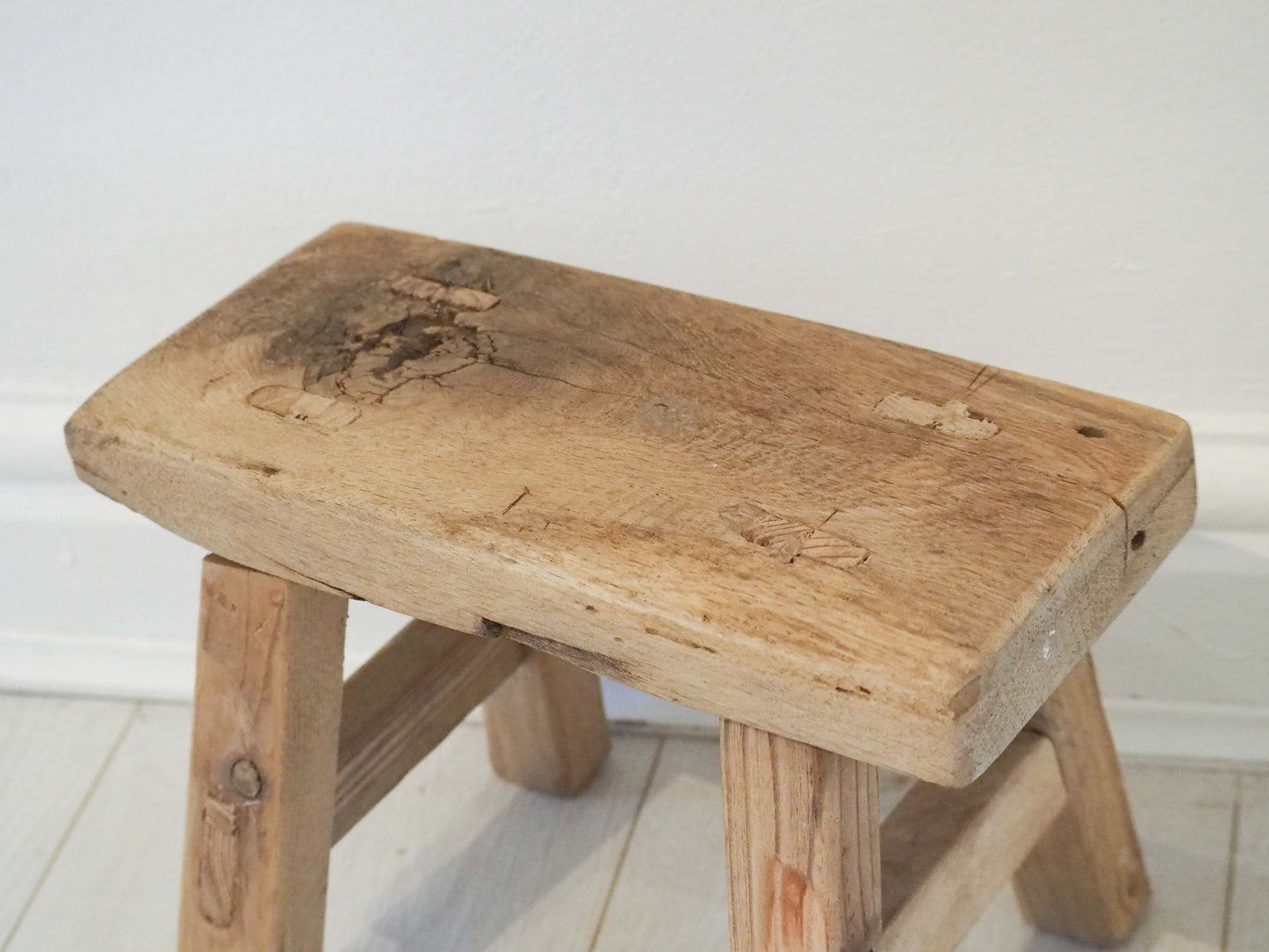 Antique Vintage Small Elm Rustic Wooden Farmhouse Stool / Milking Stool