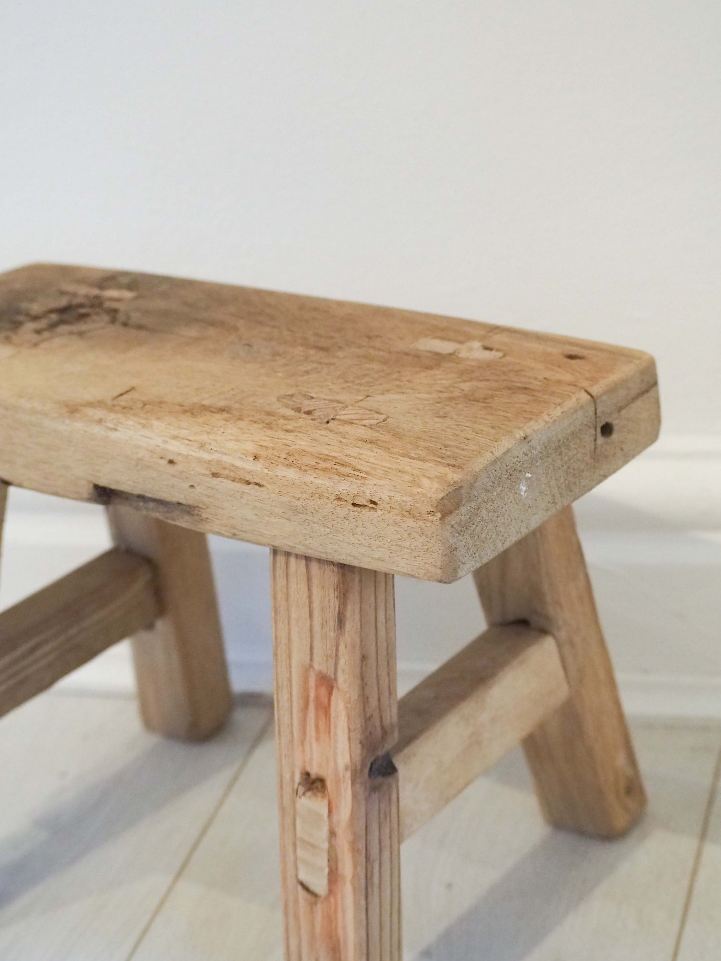 Antique Vintage Small Elm Rustic Wooden Farmhouse Stool / Milking Stool