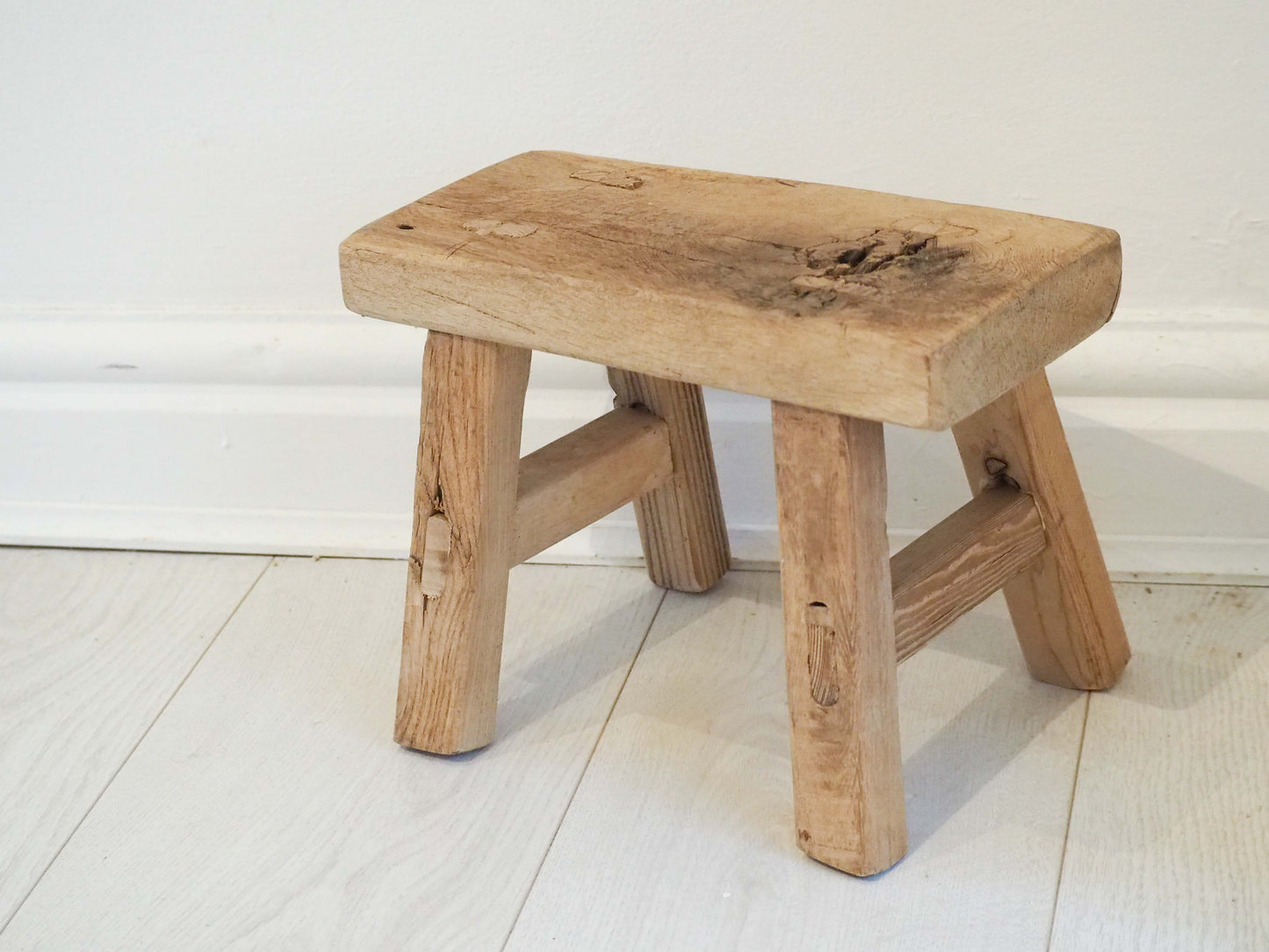 Antique Vintage Small Elm Rustic Wooden Farmhouse Stool / Milking Stool