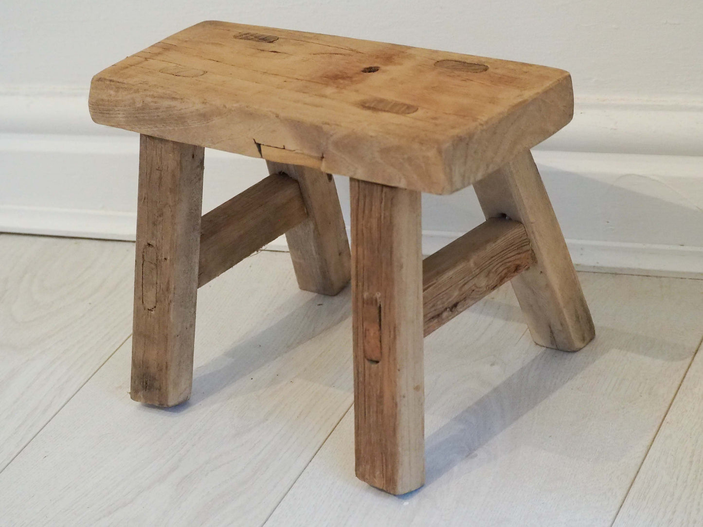Antique Vintage Small Elm Rustic Wooden Farmhouse Stool / Milking Stool