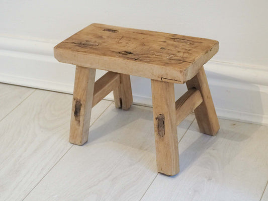Antique Vintage Small Elm Rustic Wooden Farmhouse Stool / Milking Stool
