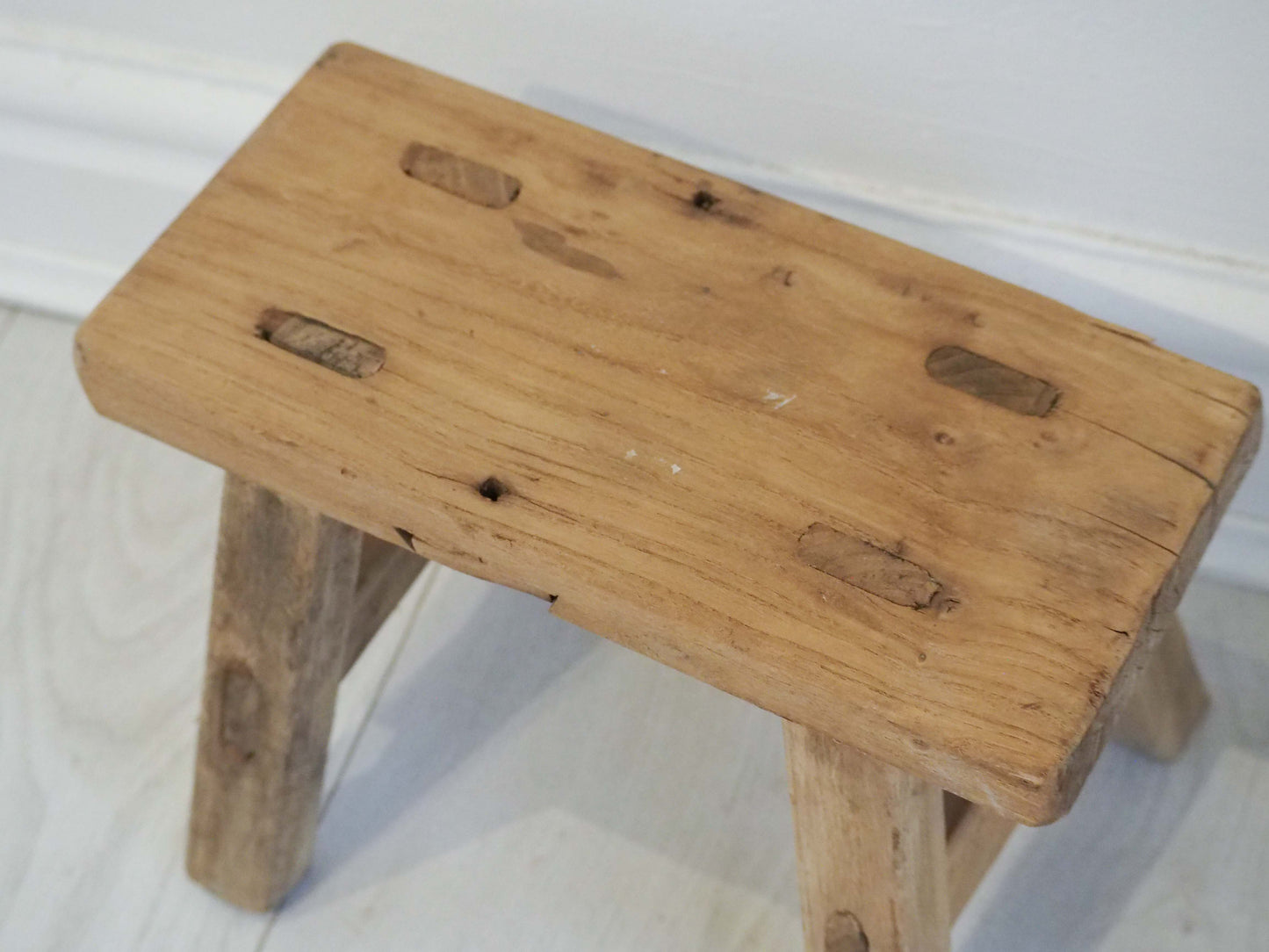 Antique Vintage Small Elm Rustic Wooden Farmhouse Stool / Milking Stool