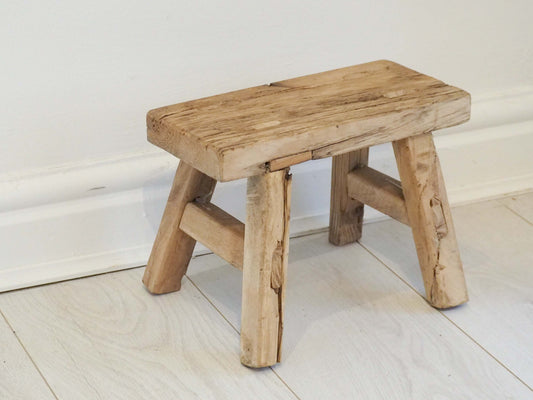 Antique Vintage Small Elm Rustic Wooden Farmhouse Stool / Milking Stool