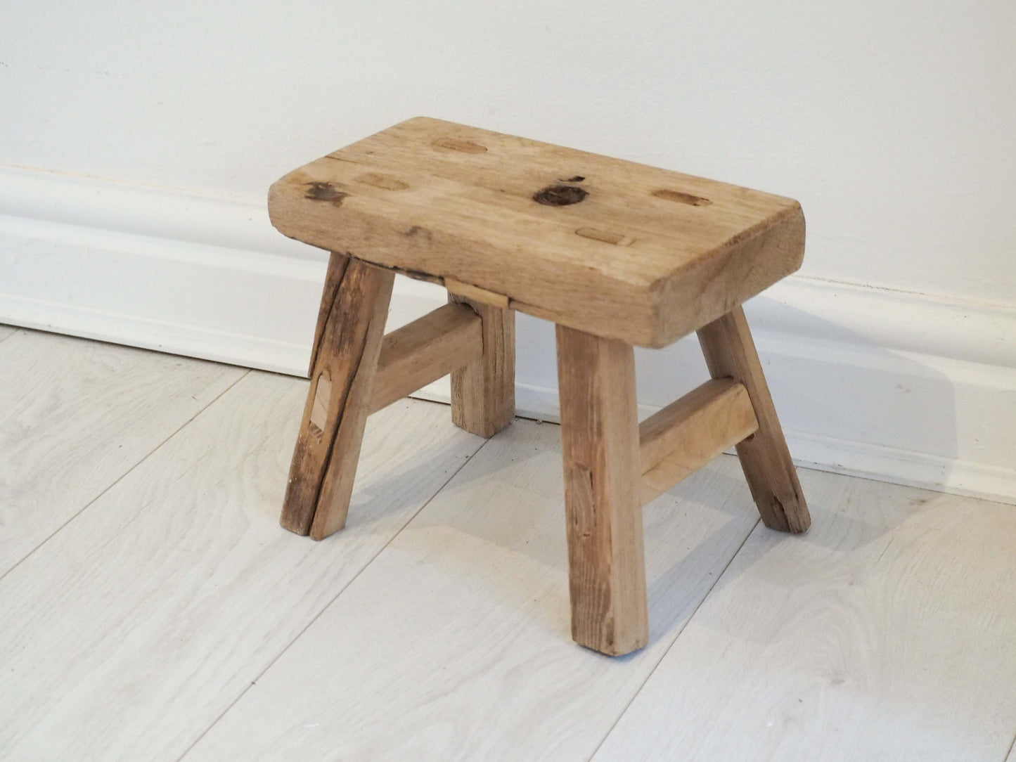 Antique Vintage Small Elm Rustic Wooden Farmhouse Stool / Milking Stool