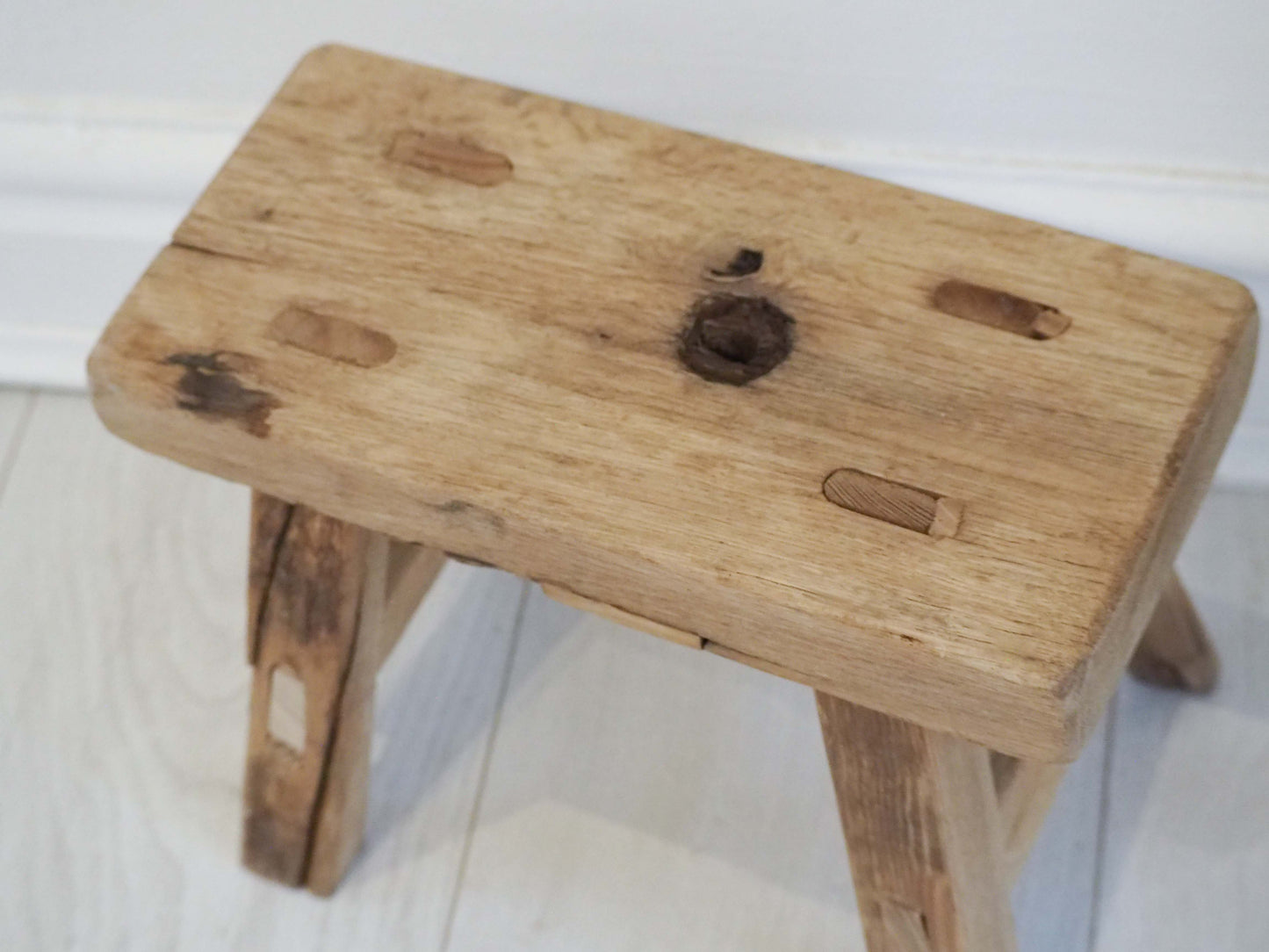 Antique Vintage Small Elm Rustic Wooden Farmhouse Stool / Milking Stool