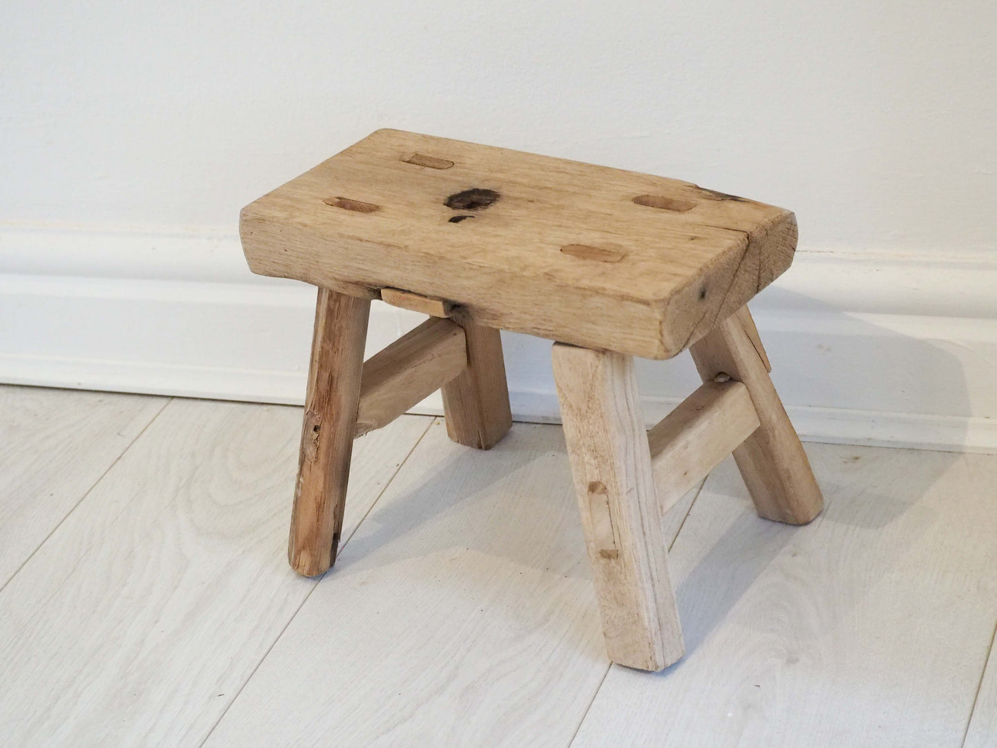 Antique Vintage Small Elm Rustic Wooden Farmhouse Stool / Milking Stool