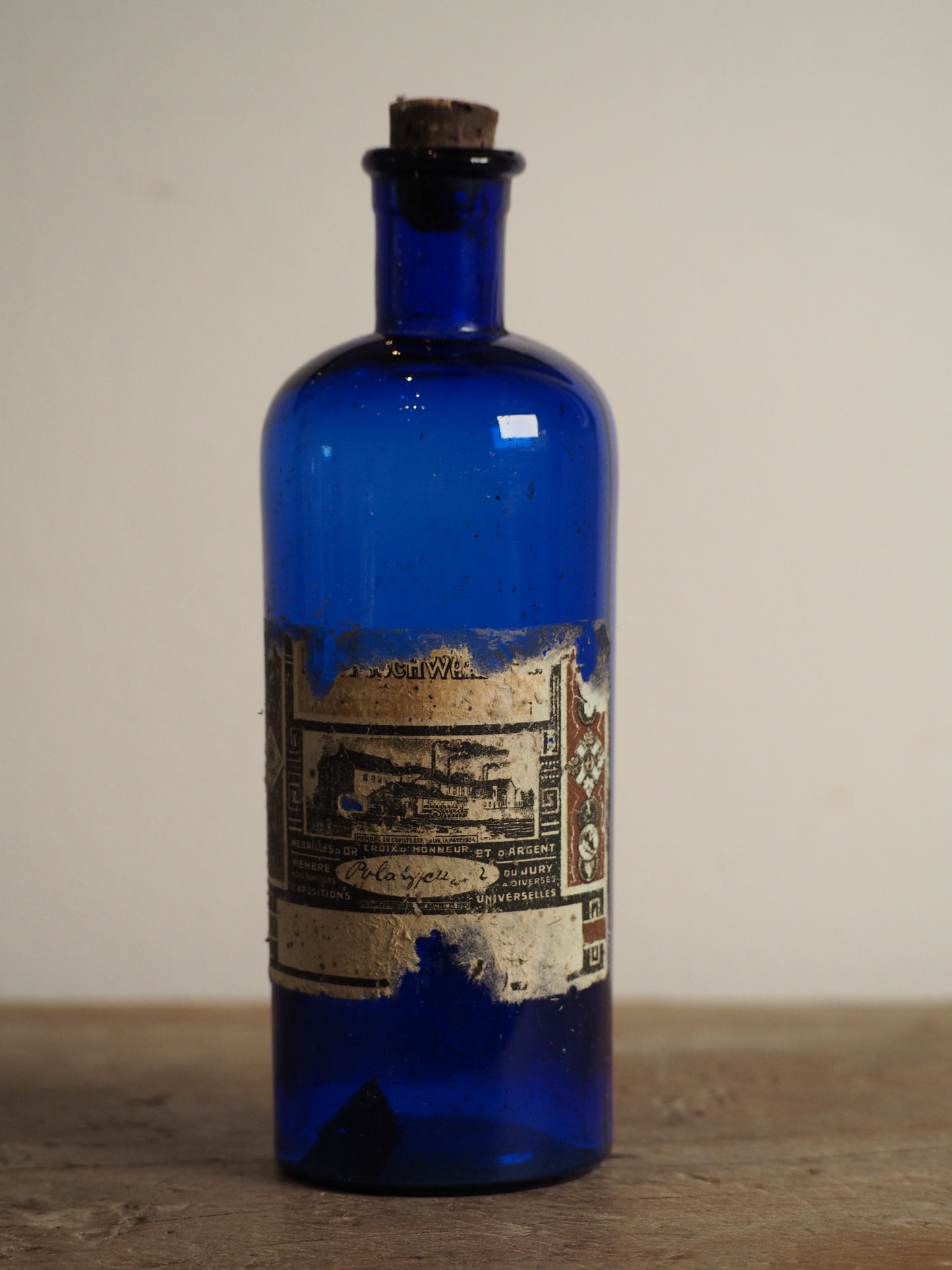 Antique Victorian Blue Glass Bottle with Stopper and Original Label