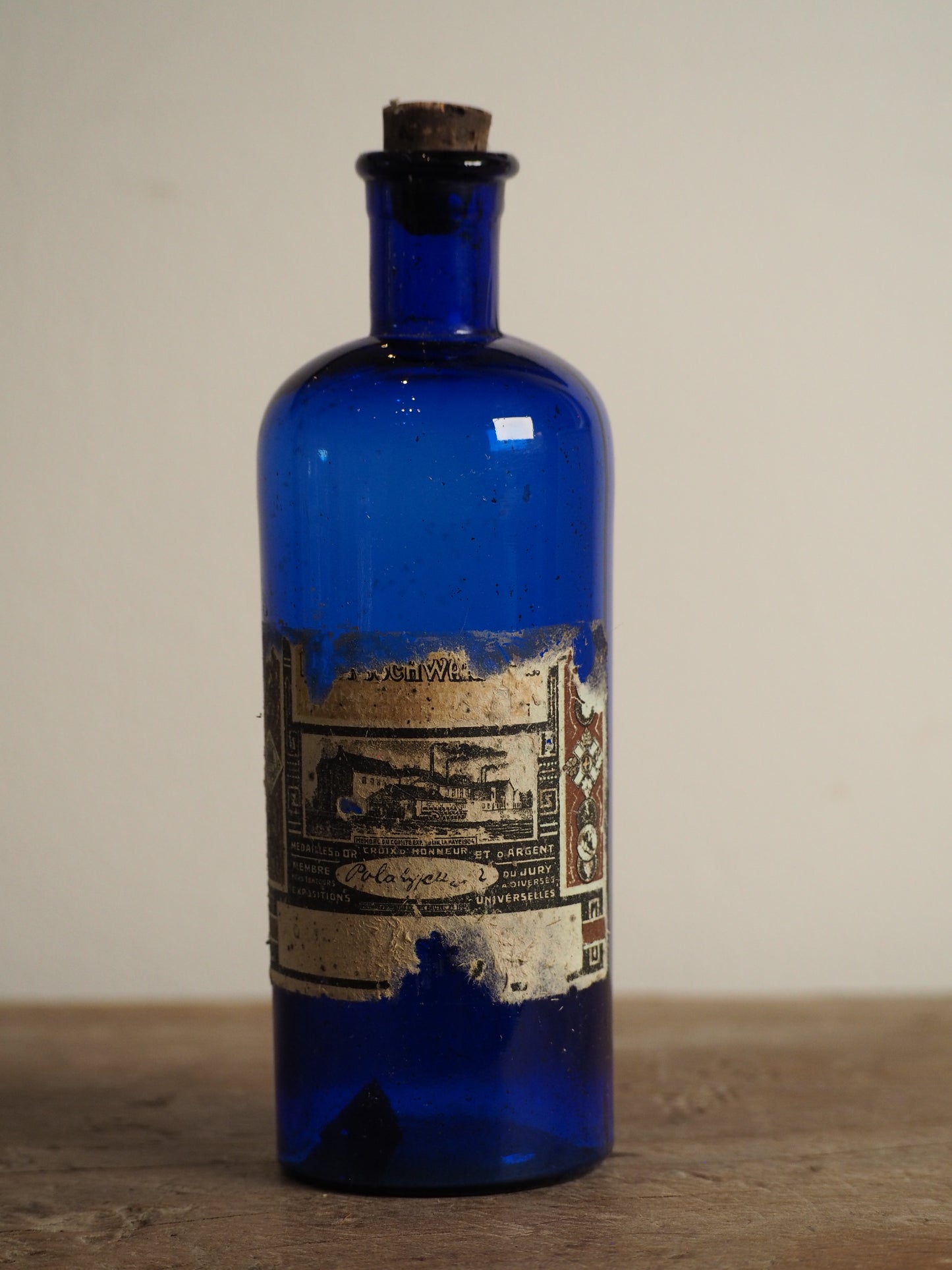 Antique Victorian Blue Glass Bottle with Stopper and Original Label