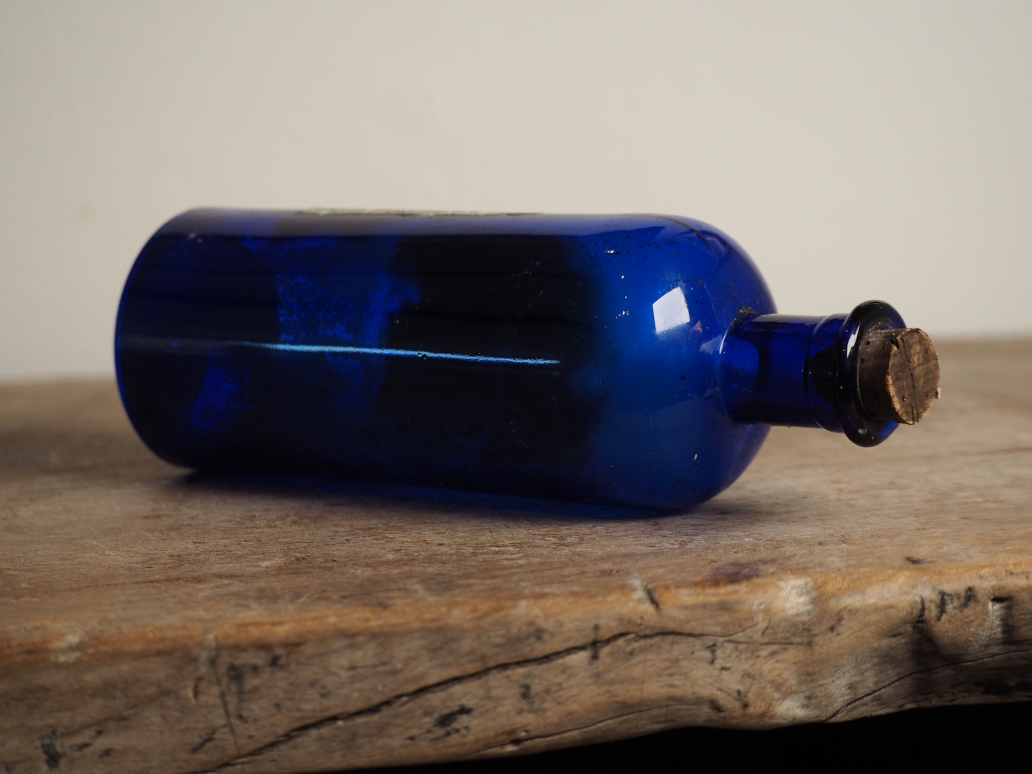 Antique Victorian Blue Glass Bottle with Stopper and Original Label