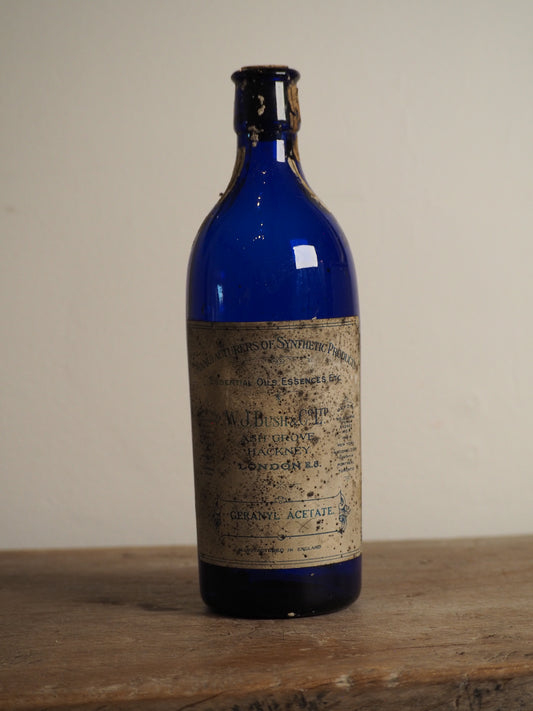 Antique Victorian Blue Glass Bottle with Stopper and Original Label