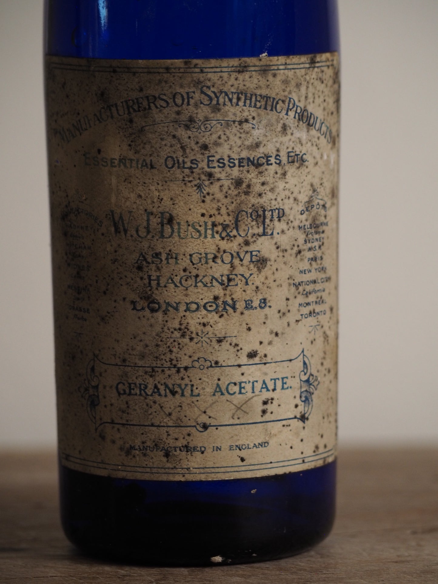 Antique Victorian Blue Glass Bottle with Stopper and Original Label