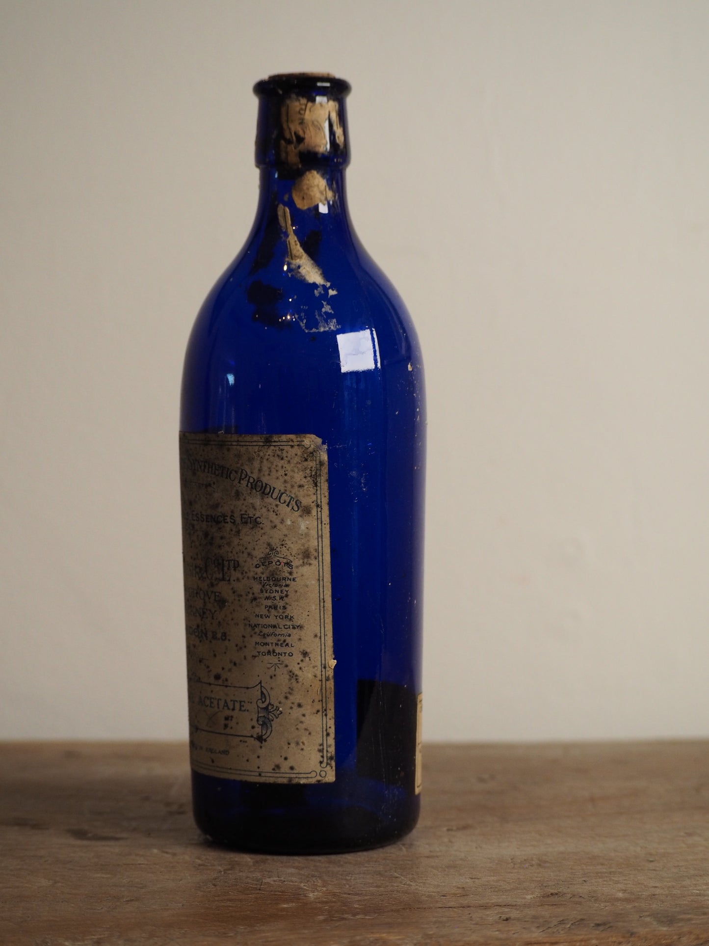 Antique Victorian Blue Glass Bottle with Stopper and Original Label