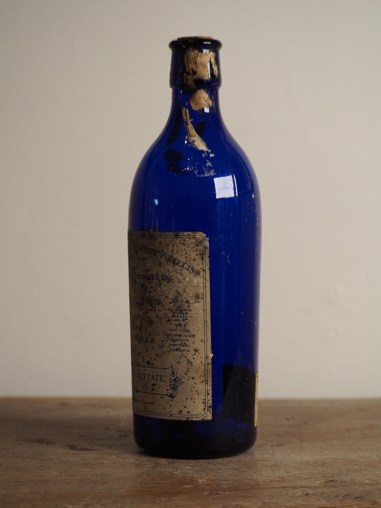 Antique Victorian Blue Glass Bottle with Stopper and Original Label