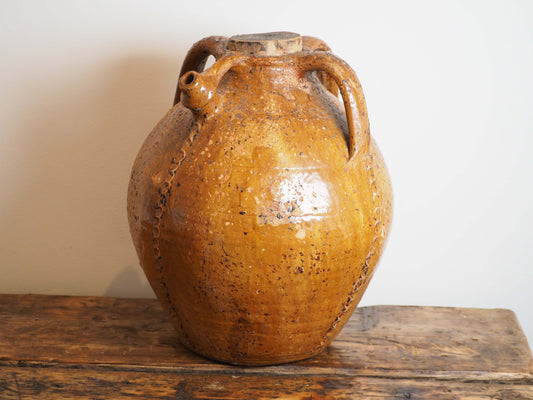 Vintage Antique French 18th-Century Walnut Oil Pot / Honey Brown Glaze Jar
