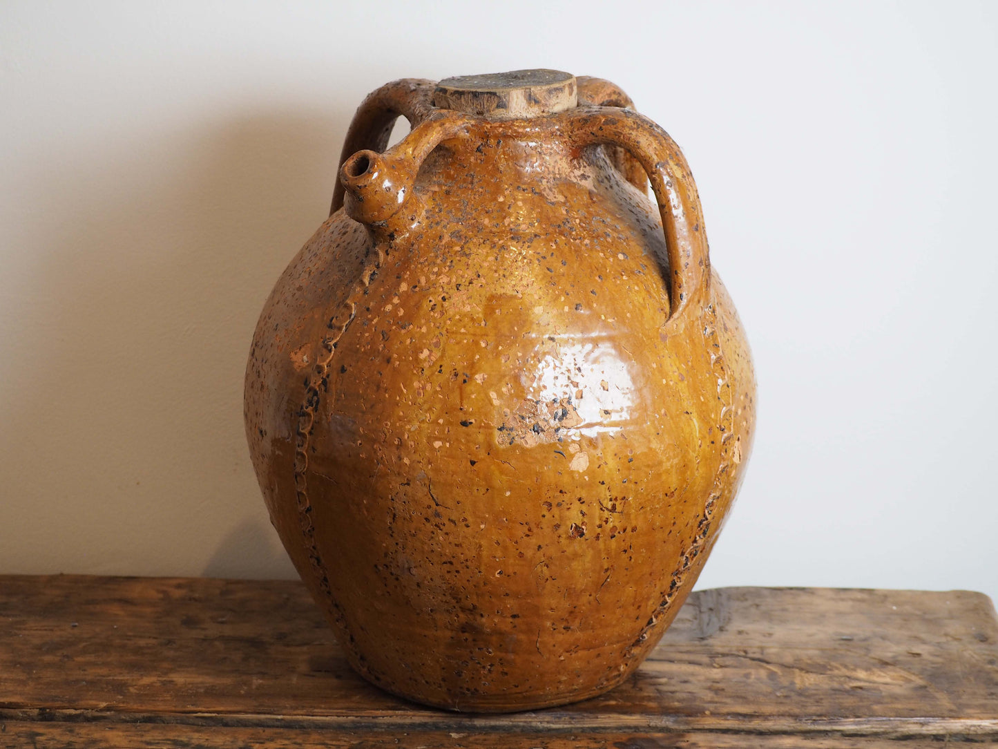 Vintage Antique French 18th-Century Walnut Oil Pot / Honey Brown Glaze Jar