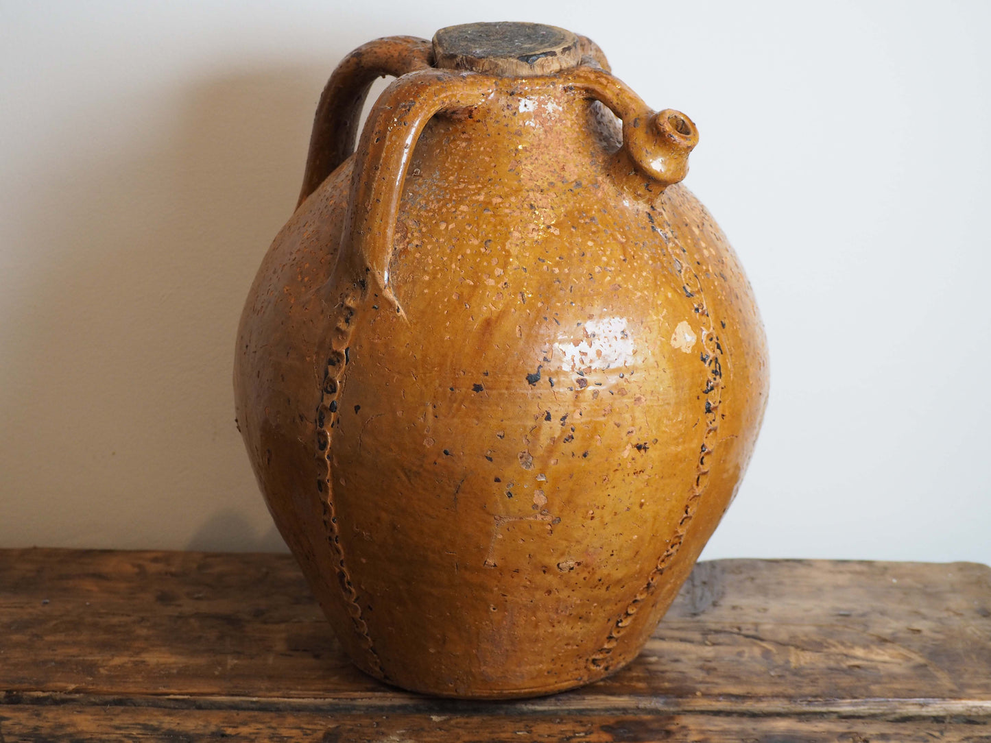 Vintage Antique French 18th-Century Walnut Oil Pot / Honey Brown Glaze Jar