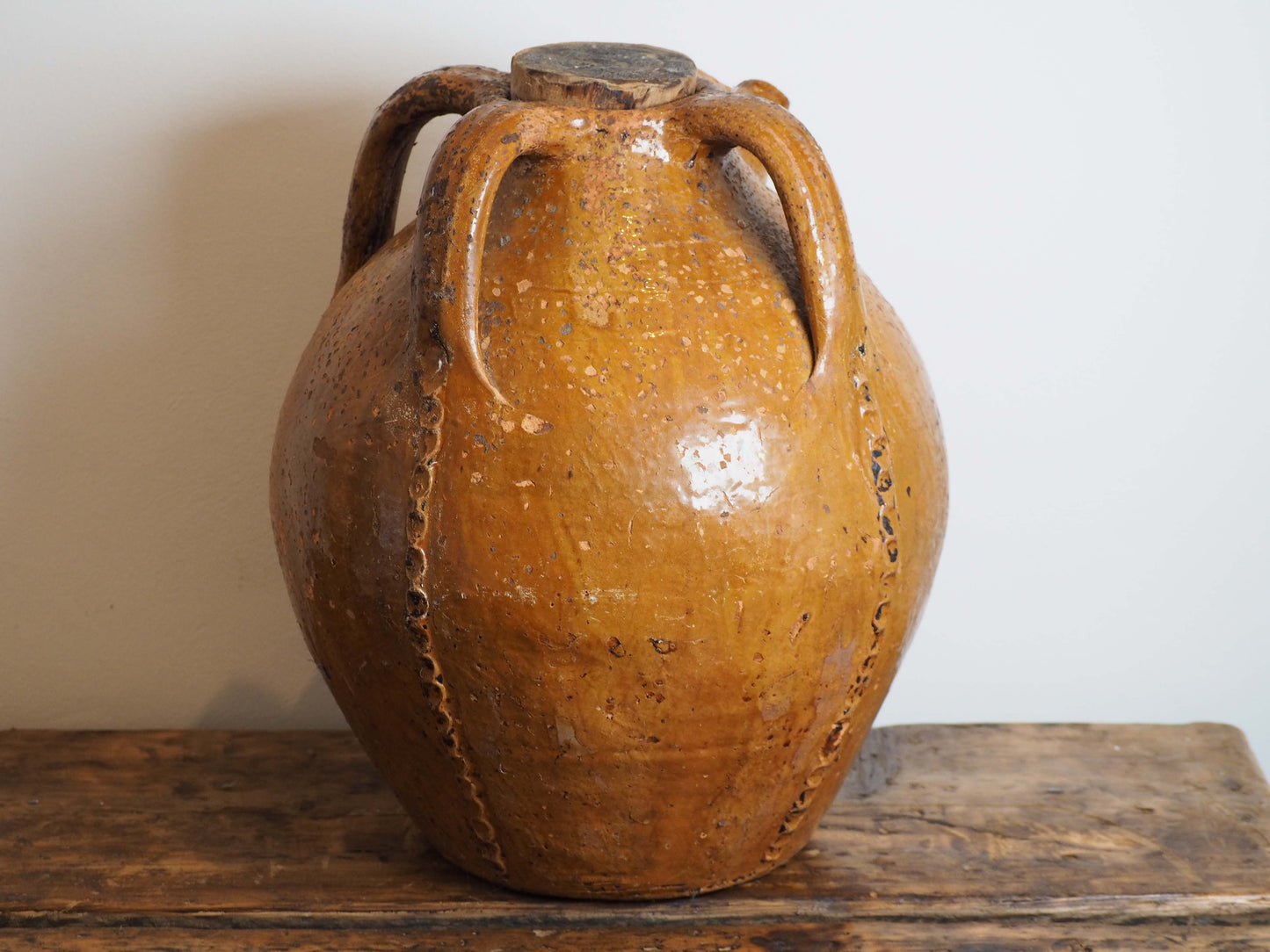 Vintage Antique French 18th-Century Walnut Oil Pot / Honey Brown Glaze Jar