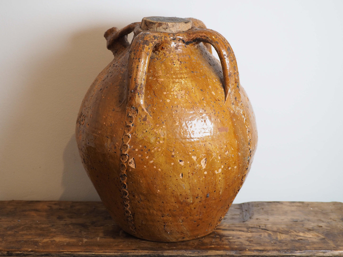 Vintage Antique French 18th-Century Walnut Oil Pot / Honey Brown Glaze Jar