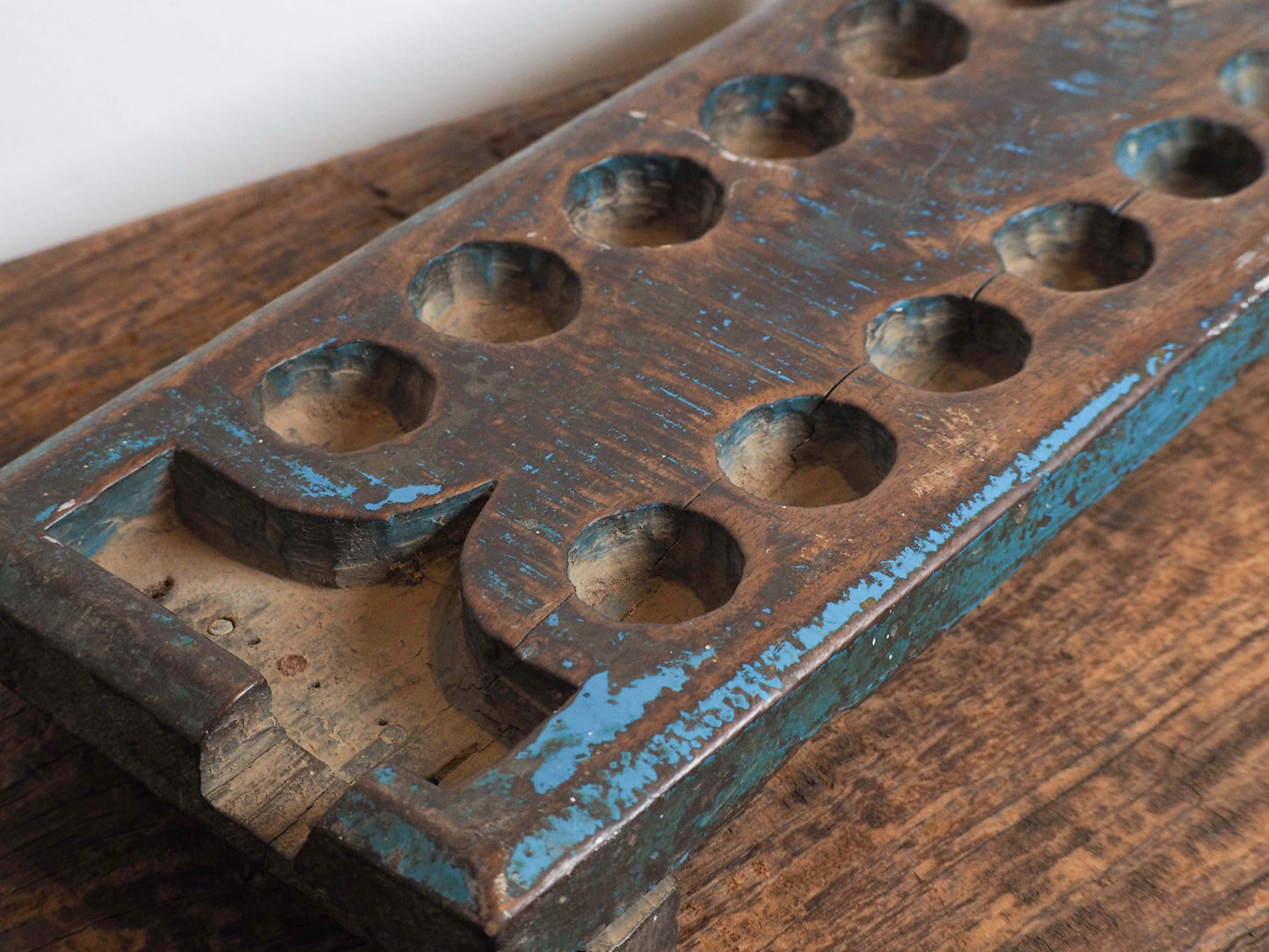 Vintage Antique Teak Indian Wooden Mancala Game Board / 19th-Century Pallanguzhi Board