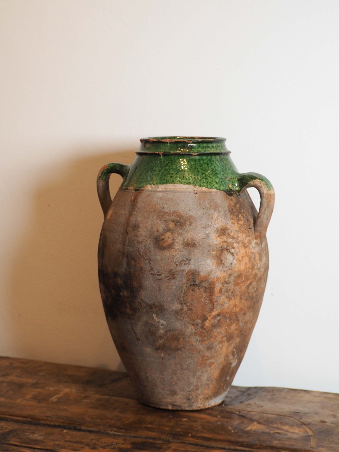 Antique Vintage Turkish Terracotta Olive Jar / Green Glazed Handle Pot
