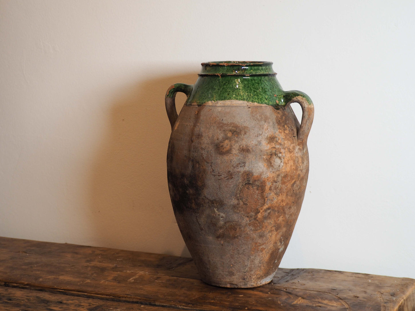 Antique Vintage Turkish Terracotta Olive Jar / Green Glazed Handle Pot