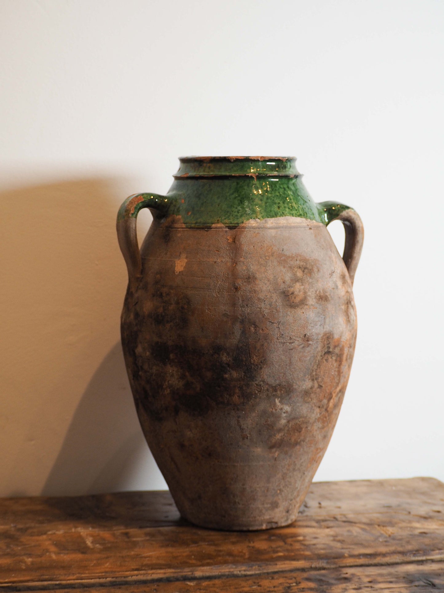 Antique Vintage Turkish Terracotta Olive Jar / Green Glazed Handle Pot