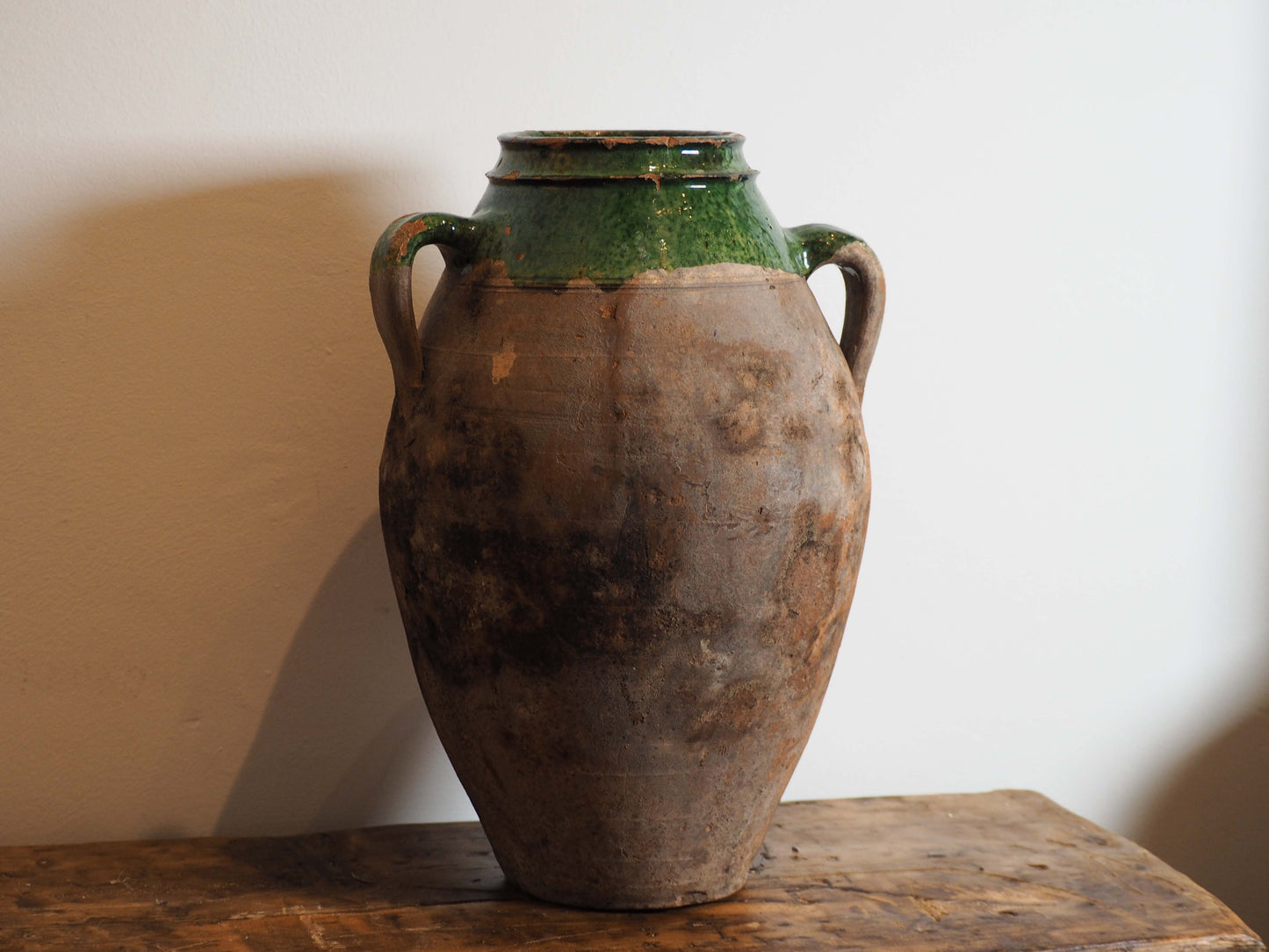 Antique Vintage Turkish Terracotta Olive Jar / Green Glazed Handle Pot