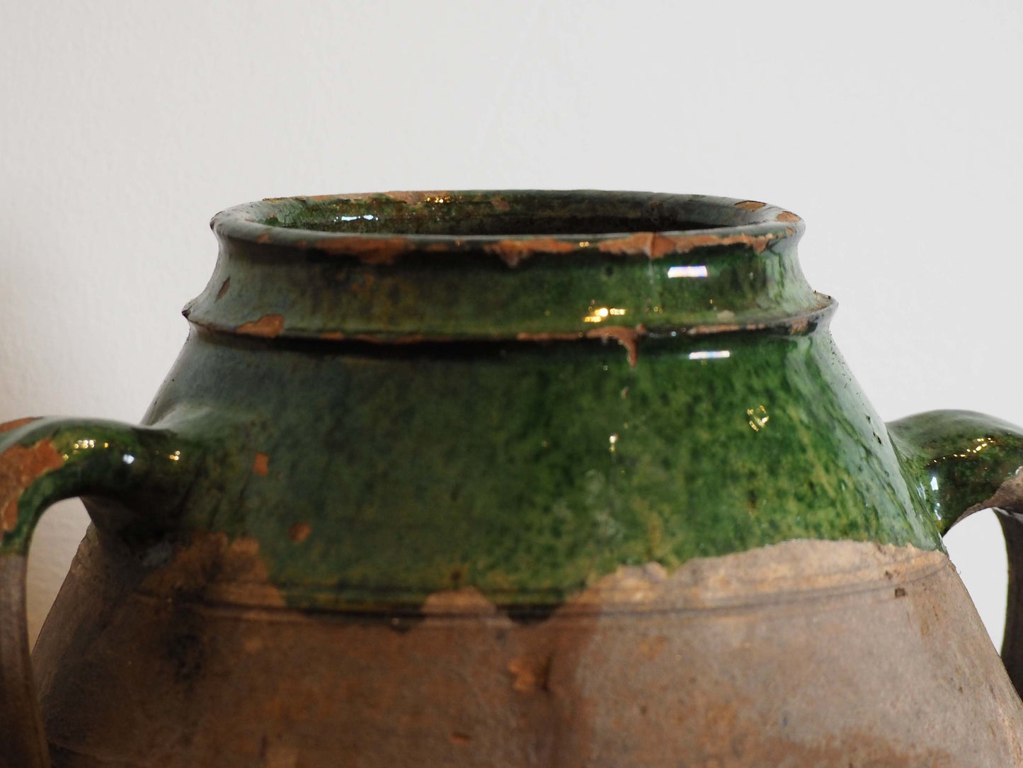 Antique Vintage Turkish Terracotta Olive Jar / Green Glazed Handle Pot