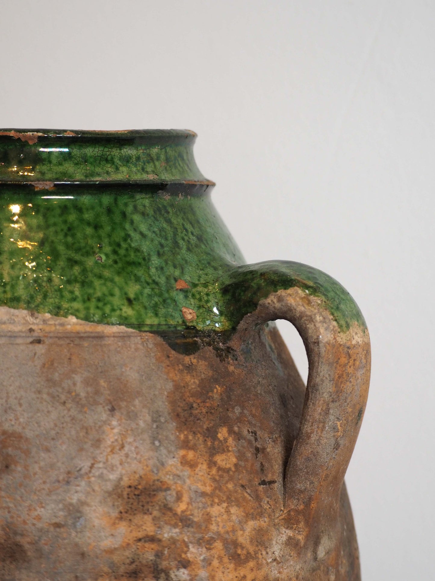 Antique Vintage Turkish Terracotta Olive Jar / Green Glazed Handle Pot