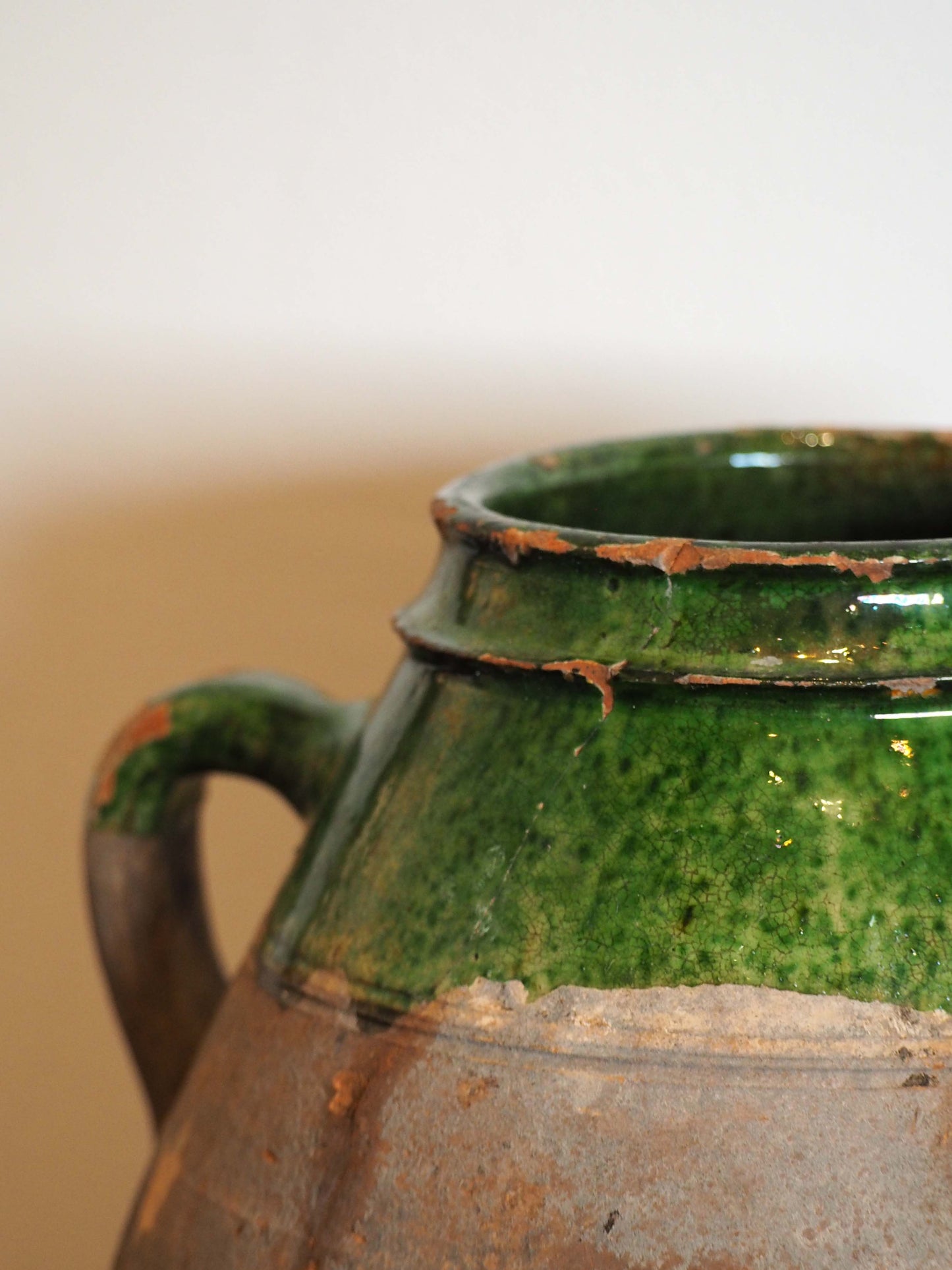Antique Vintage Turkish Terracotta Olive Jar / Green Glazed Handle Pot