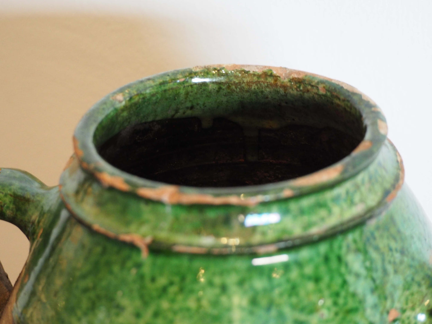 Antique Vintage Turkish Terracotta Olive Jar / Green Glazed Handle Pot