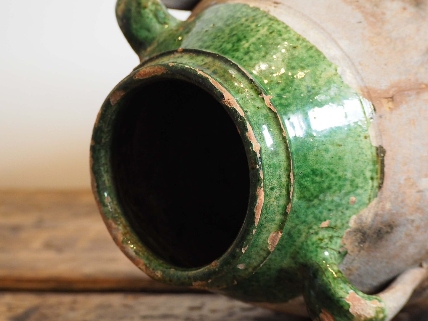 Antique Vintage Turkish Terracotta Olive Jar / Green Glazed Handle Pot