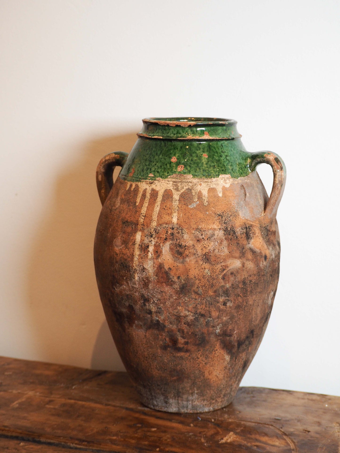 Antique Vintage Turkish Terracotta Olive Jar / Green Glazed Handle Pot