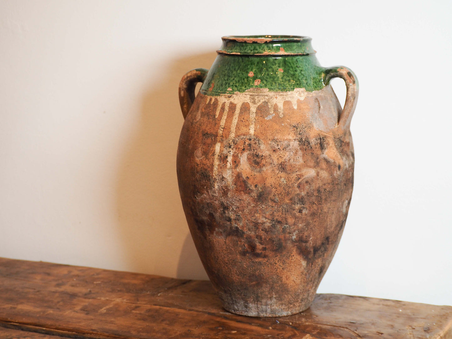 Antique Vintage Turkish Terracotta Olive Jar / Green Glazed Handle Pot