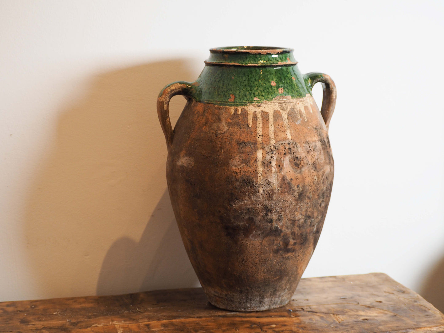 Antique Vintage Turkish Terracotta Olive Jar / Green Glazed Handle Pot