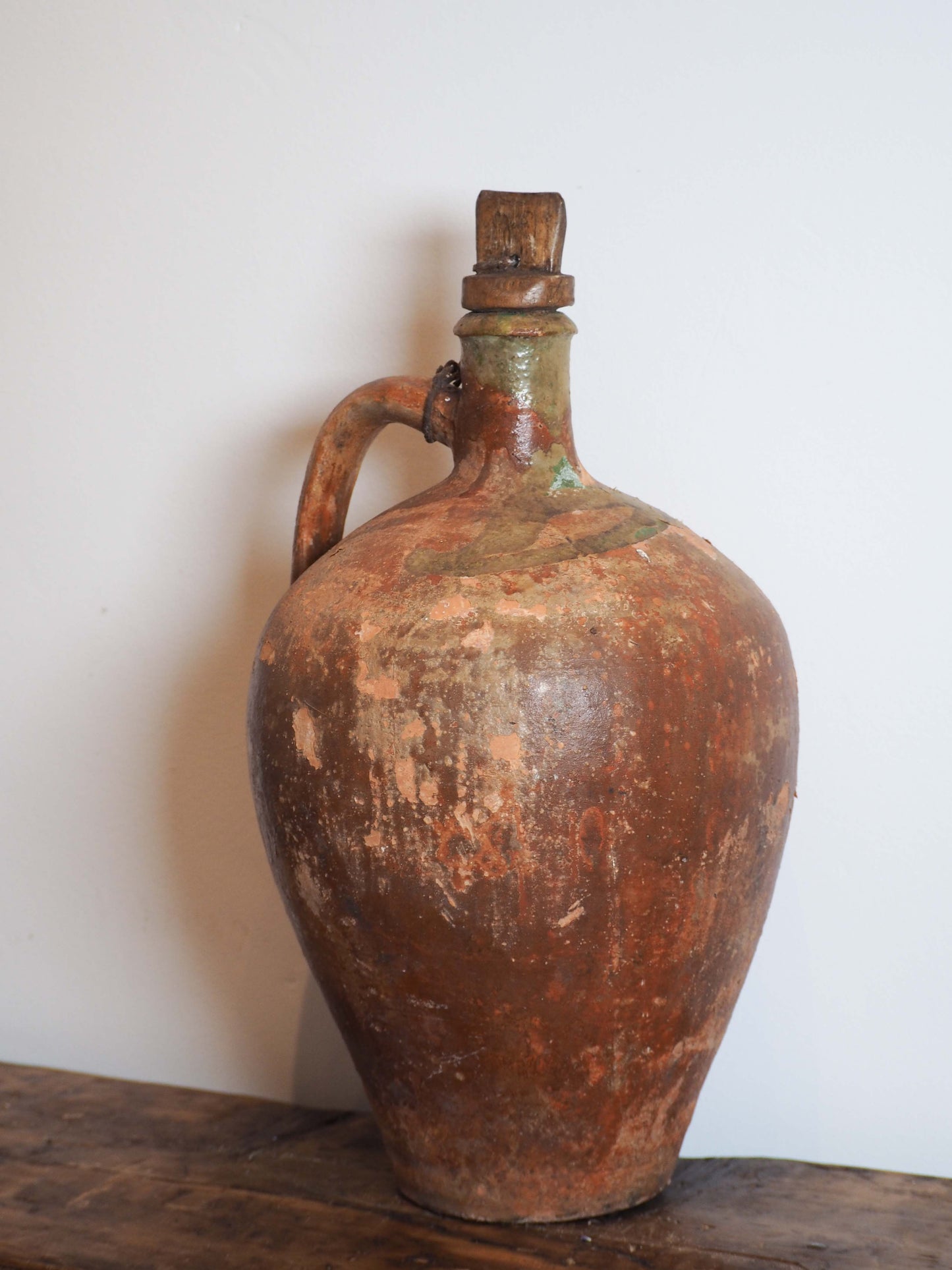 Antique Vintage Turkish Terracotta Olive Jar with Original Stopper / Green Glazed Handle Pot