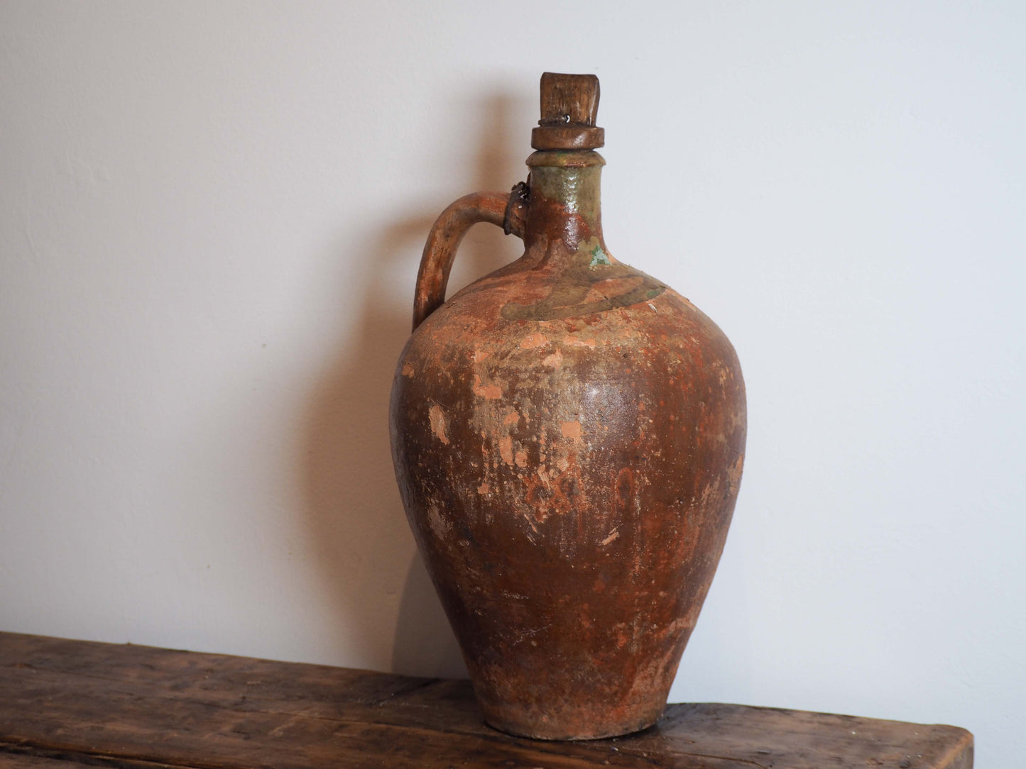 Antique Vintage Turkish Terracotta Olive Jar with Original Stopper / Green Glazed Handle Pot