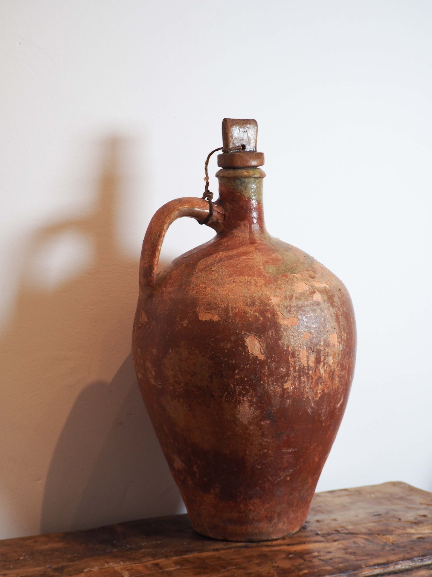Antique Vintage Turkish Terracotta Olive Jar with Original Stopper / Green Glazed Handle Pot