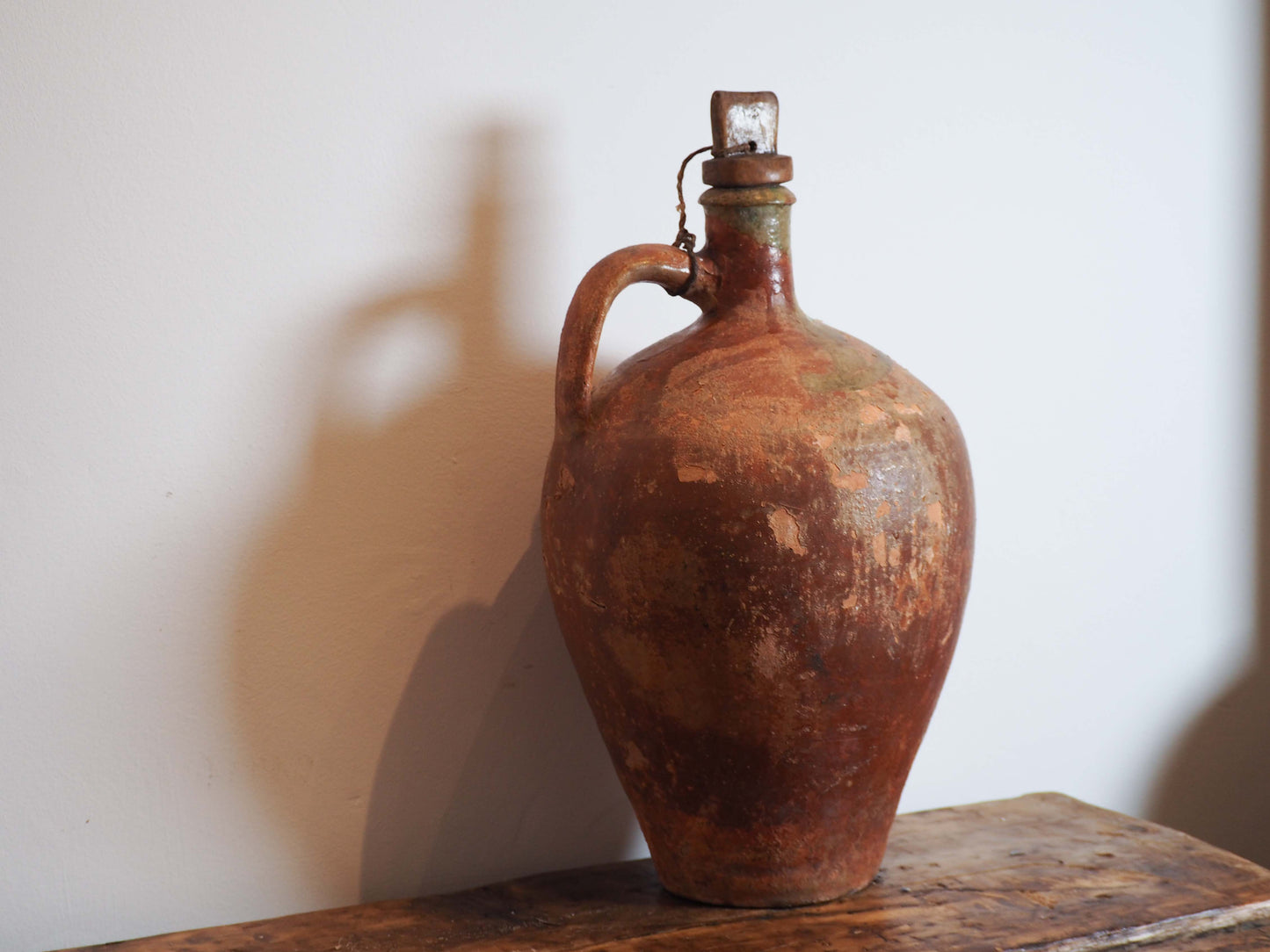 Antique Vintage Turkish Terracotta Olive Jar with Original Stopper / Green Glazed Handle Pot