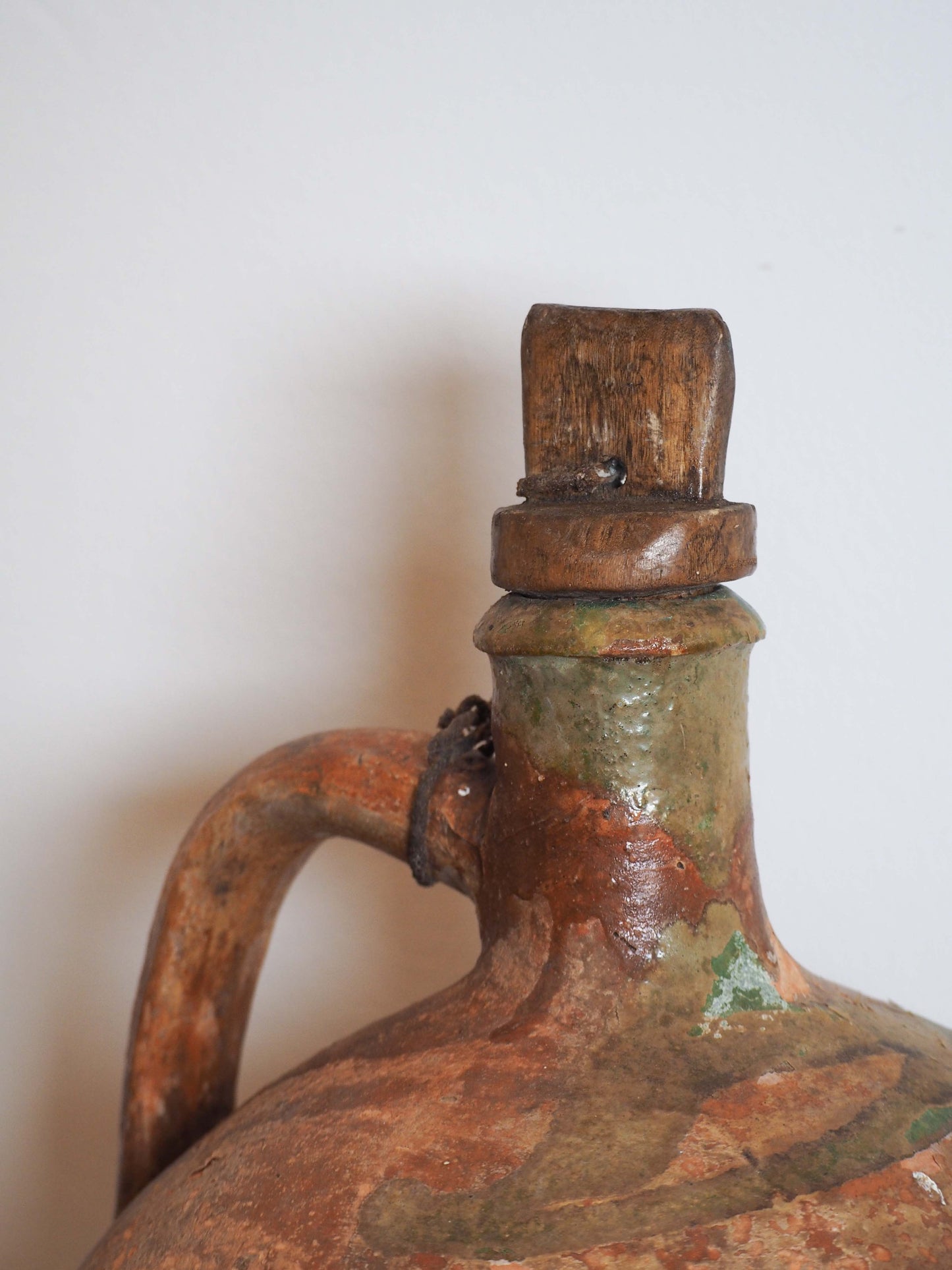 Antique Vintage Turkish Terracotta Olive Jar with Original Stopper / Green Glazed Handle Pot