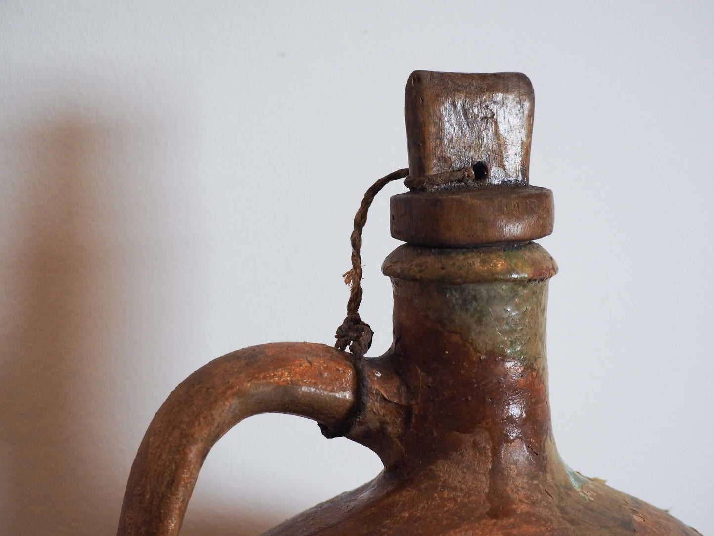Antique Vintage Turkish Terracotta Olive Jar with Original Stopper / Green Glazed Handle Pot