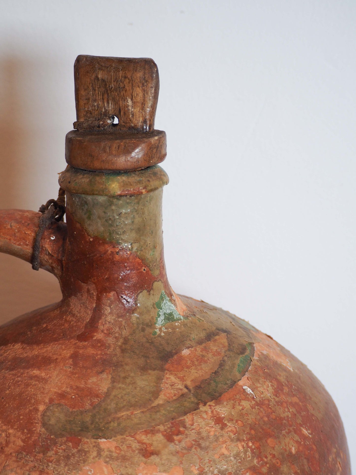 Antique Vintage Turkish Terracotta Olive Jar with Original Stopper / Green Glazed Handle Pot