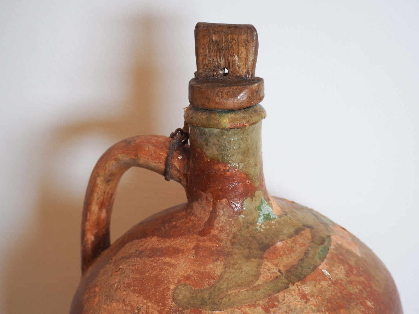 Antique Vintage Turkish Terracotta Olive Jar with Original Stopper / Green Glazed Handle Pot