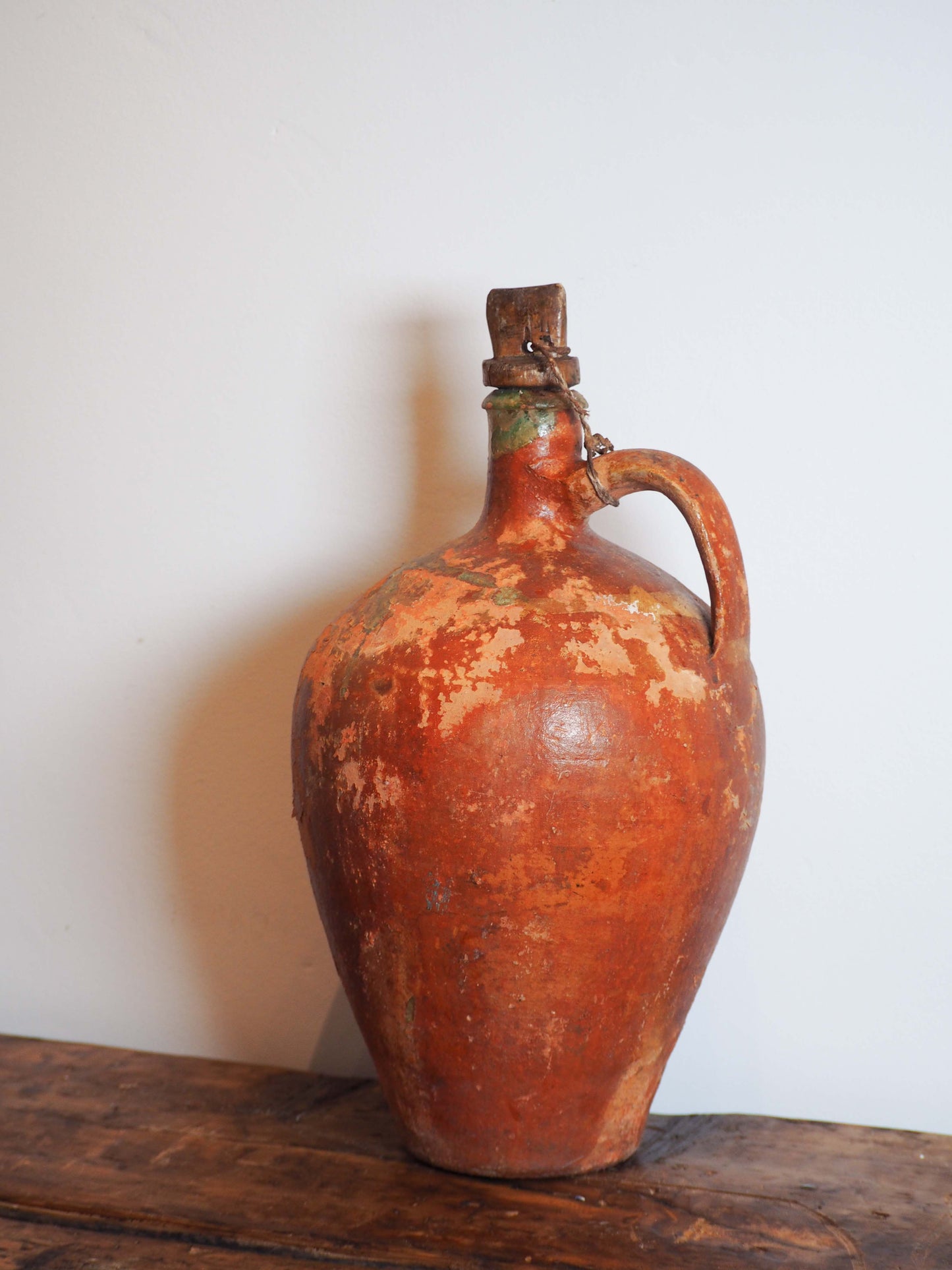 Antique Vintage Turkish Terracotta Olive Jar with Original Stopper / Green Glazed Handle Pot