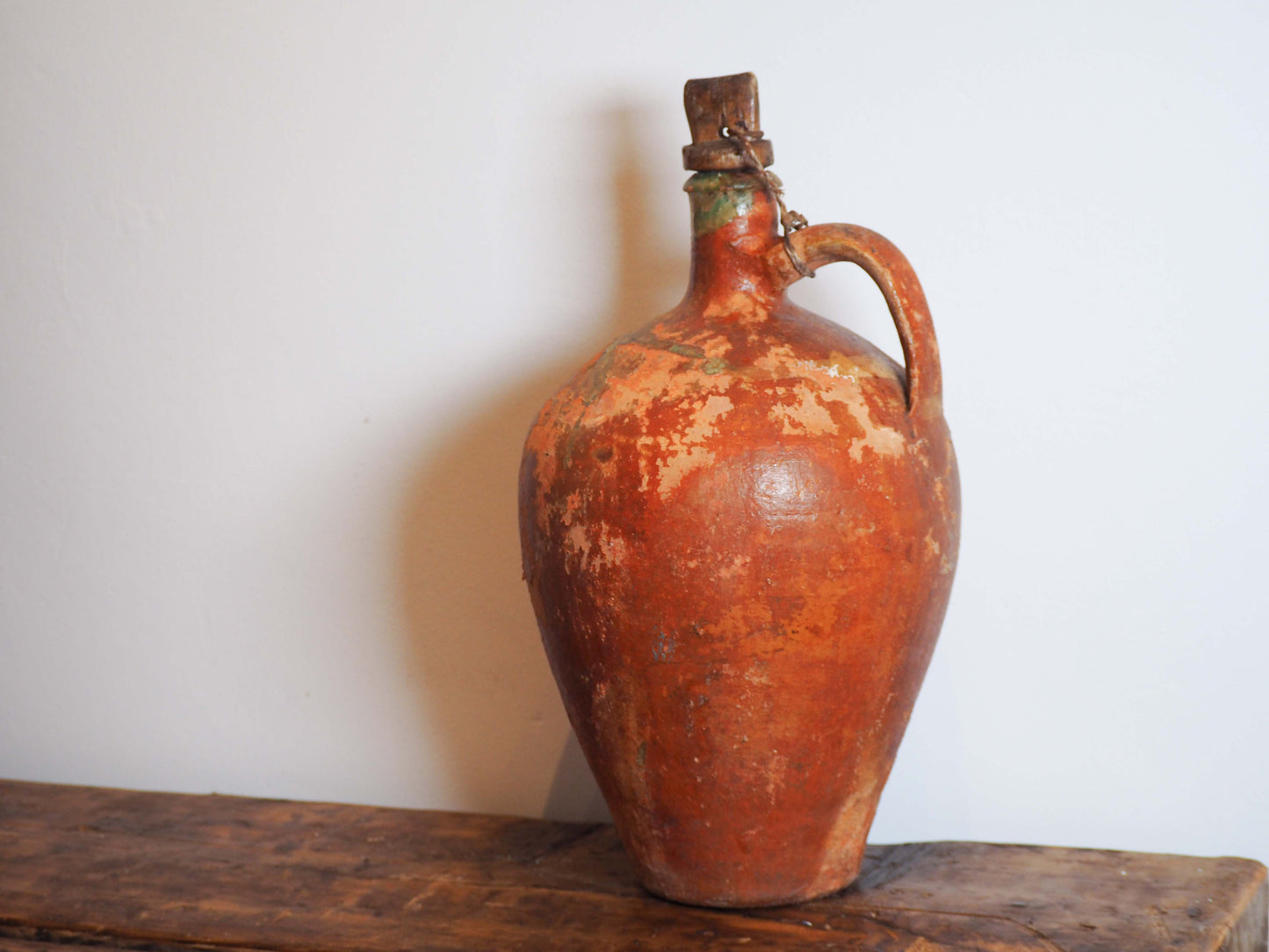 Antique Vintage Turkish Terracotta Olive Jar with Original Stopper / Green Glazed Handle Pot