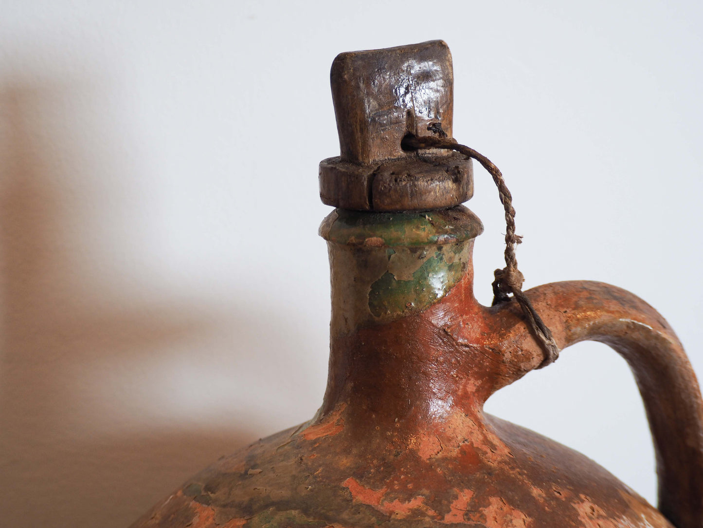 Antique Vintage Turkish Terracotta Olive Jar with Original Stopper / Green Glazed Handle Pot