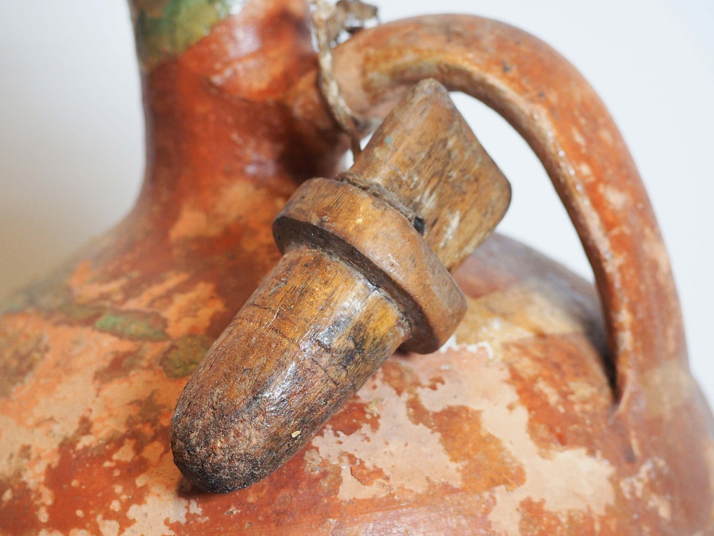 Antique Vintage Turkish Terracotta Olive Jar with Original Stopper / Green Glazed Handle Pot