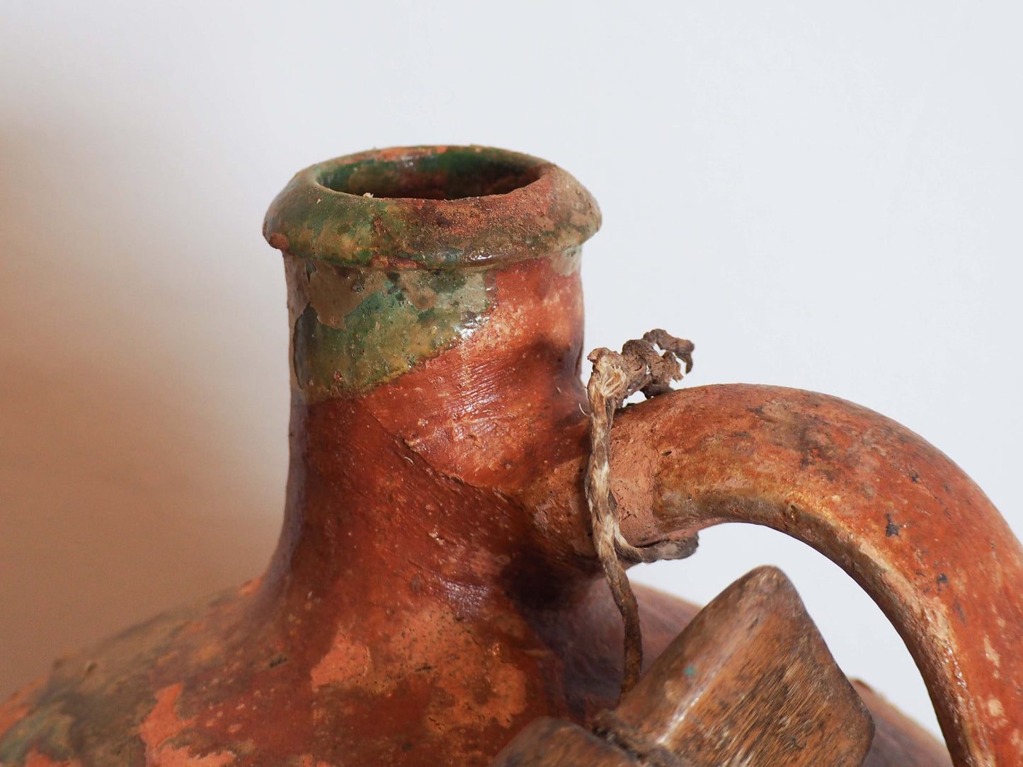 Antique Vintage Turkish Terracotta Olive Jar with Original Stopper / Green Glazed Handle Pot
