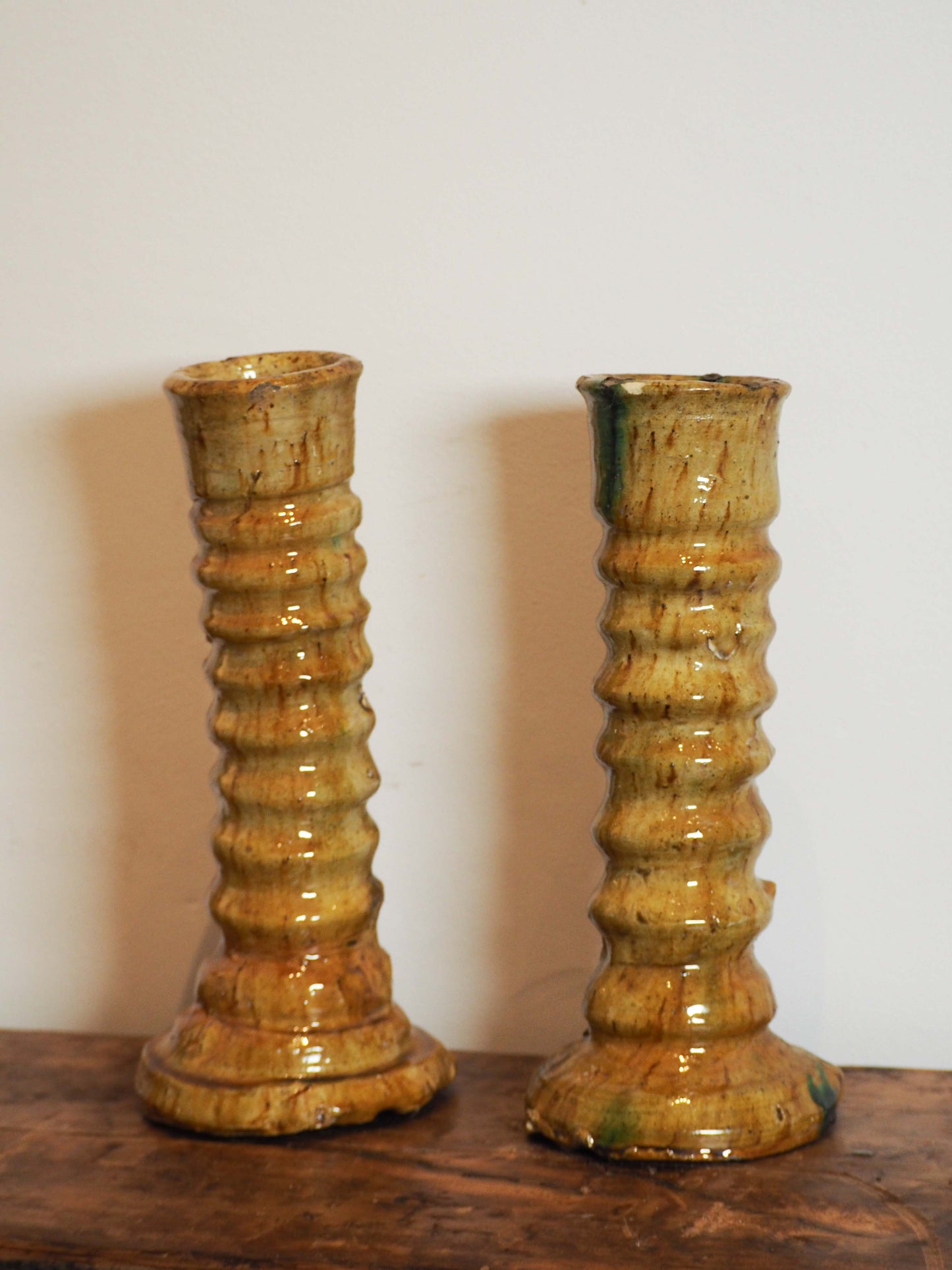 Pair of Antique Authentic Moroccan Tamegroute Yellow Tower Candle Holders