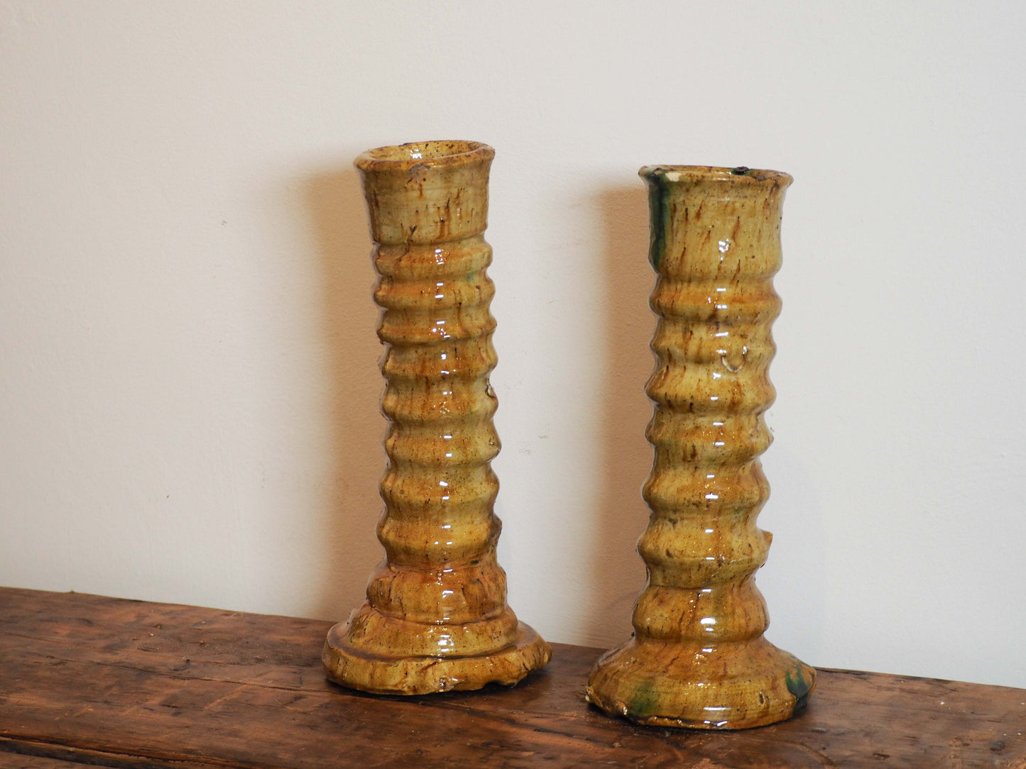 Pair of Antique Authentic Moroccan Tamegroute Yellow Tower Candle Holders